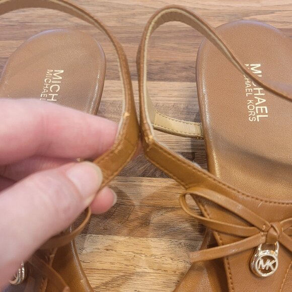 Michael Kors MK Logo Brown Leather T-Strap Low Wedge Thong Sandals - Picture 11 of 14